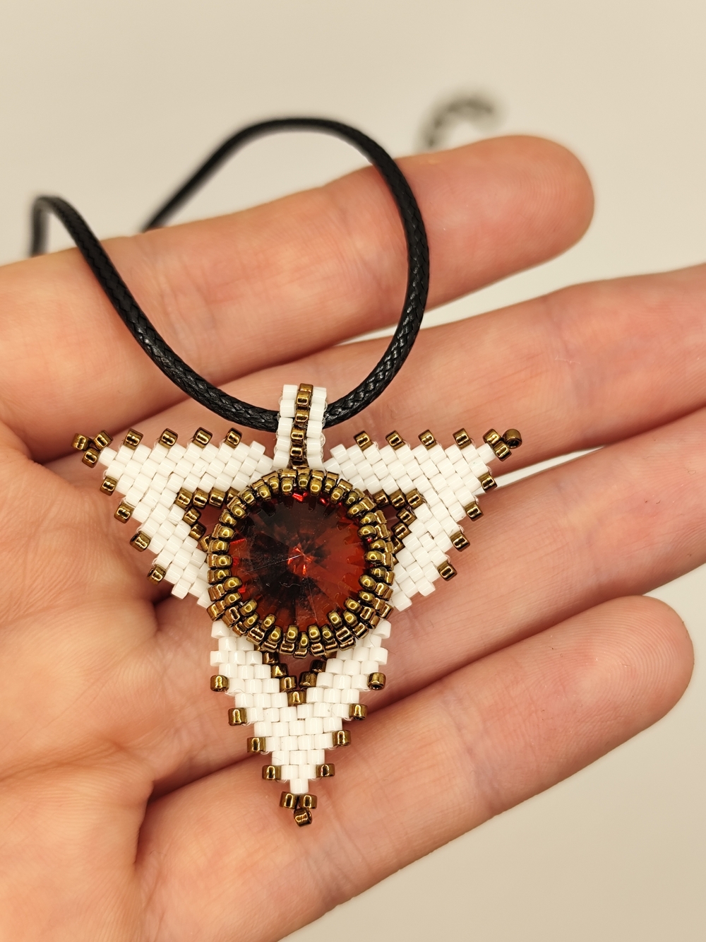 White Beaded Triangle Necklace with Amber Crystal Accent